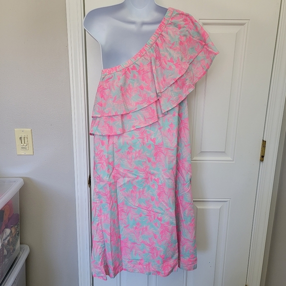 Vineyard Vines One Shoulder Ruffled Pink Blue Dress Preppy Floral Size Small - Picture 6 of 12
